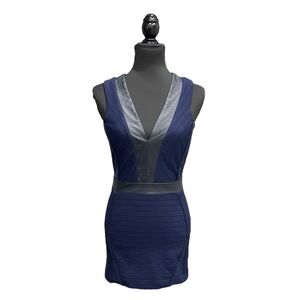 Navy Bandage Bodycon Mini Dress | Deep V Faux Leather Trim | Y2K Party | Small